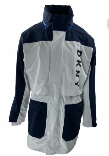DKNY Men's Colorblocked Hooded Water Resistant Coat Navy Multi