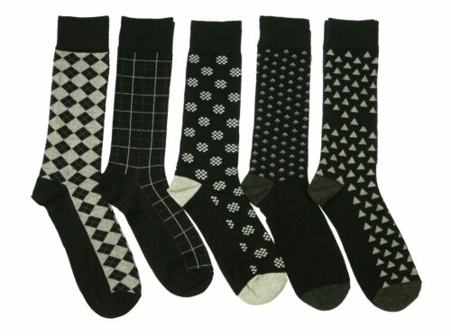Beverly Hills Men's 5 Pair Fashion Design Dress Socks Black Gray Argyle