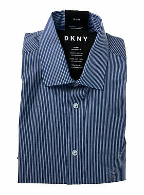 DKNY Men's Slim Fit Stretch Striped Button Front Dress Shirt Blue Size 16 32/33