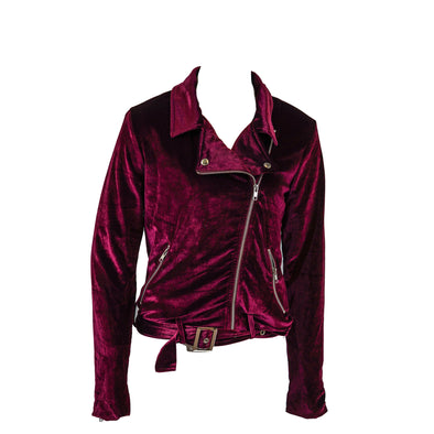 Minkpink Women's Velvet Full Zip Moto Jacket Wine Red Size XS