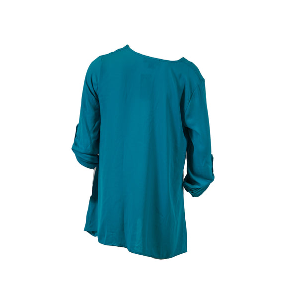 Karen Kane Women's Tab Sleeve Lace Up Top Turquoise Blue Size Small