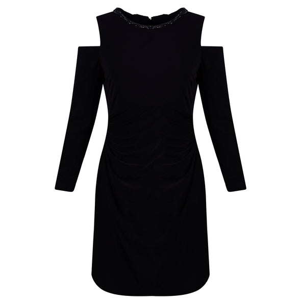 Ralph Lauren Women's Beaded Neck Jersey Cold Shoulder Dress Black 16