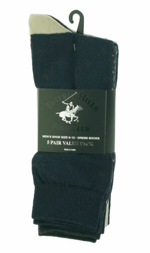 Beverly Hills Men's 5 Pair Fashion Design Dress Socks Navy Blue Tan Gray