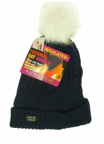 Polar Extreme Women's Thermal Lined Insulated Pom Pom Cable Knit Beanie Navy