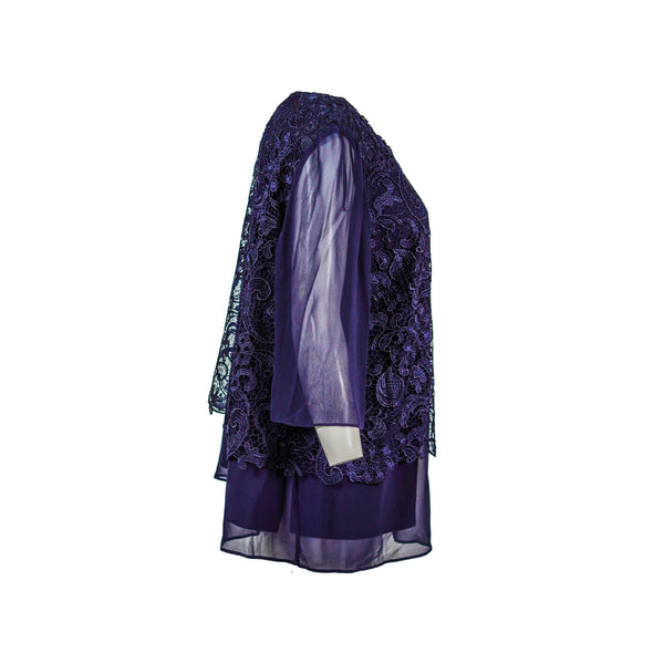 Alex Evenings Women's Lace Overlay Sheer Chiffon Blouse Navy Blue Size 1X