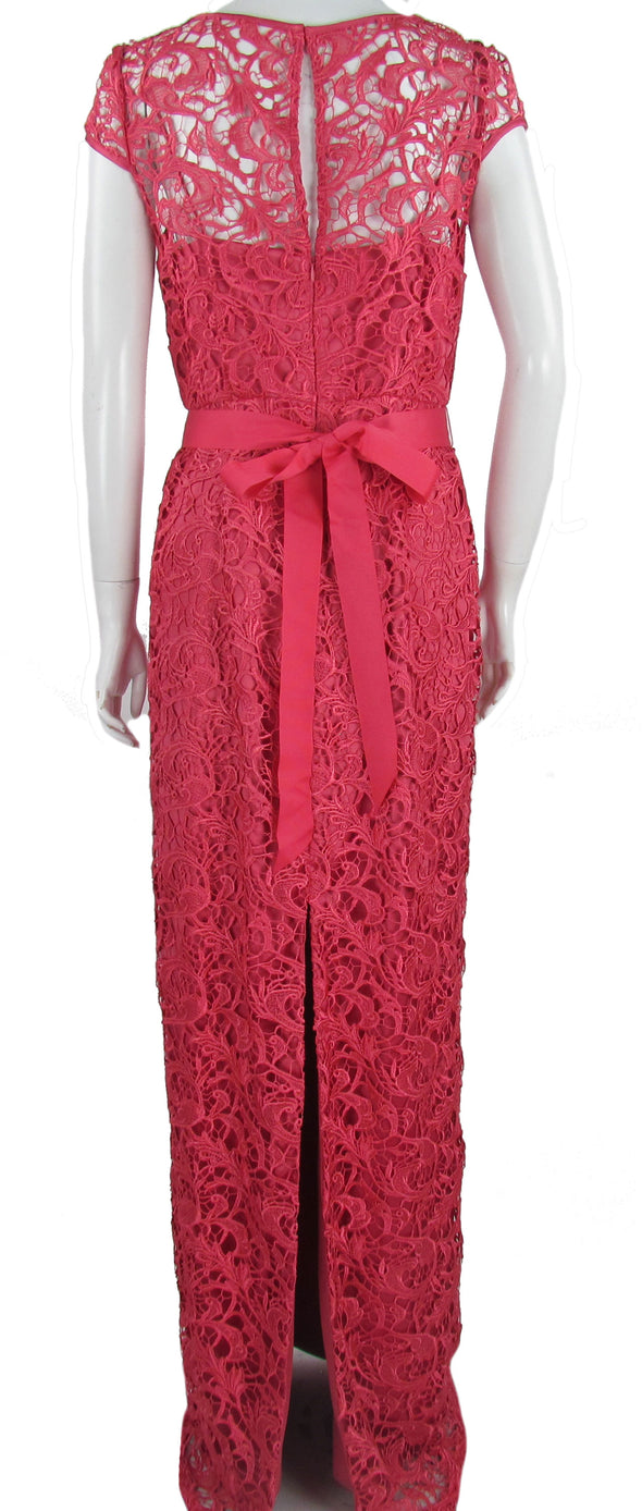 Adrianna Papell Women's Cap Sleeve Illusion Lace Full Length Gown Coral Pink 8