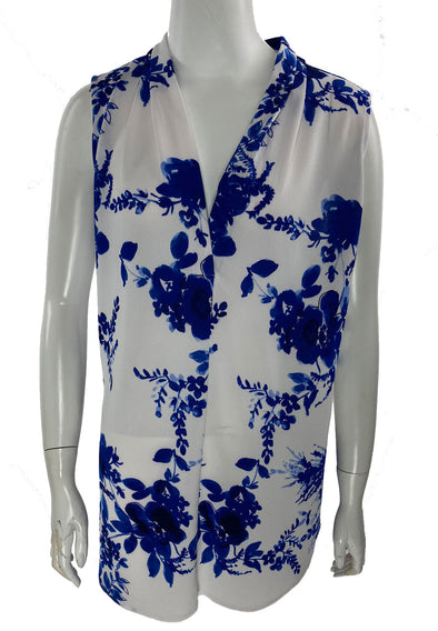Calvin Klein Women's Floral Print V Neck Sleeveless Top Blue White Size XL