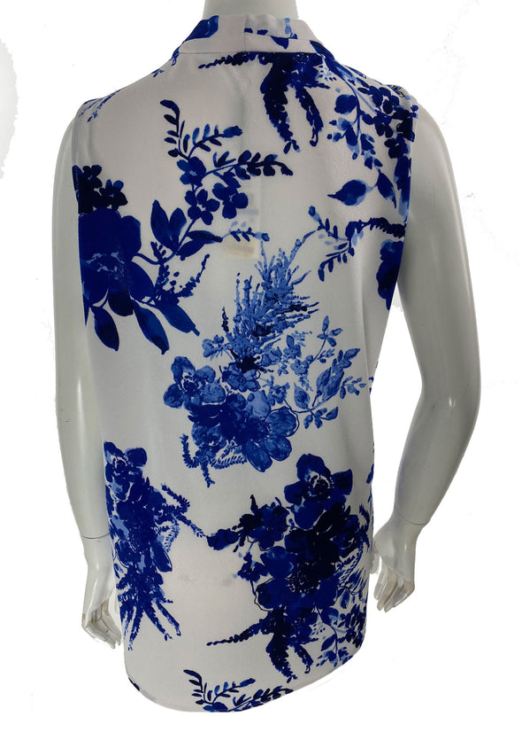 Calvin Klein Women's Floral Print V Neck Sleeveless Top Blue White Size XL