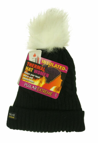 Polar Extreme Women's Thermal Lined Insulated Pom Pom Cable Knit Beanie Black