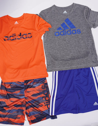 Adidas Boy's 4 Piece Short Sleeve Shirt Shorts Set Orange Gray Blue Size 6