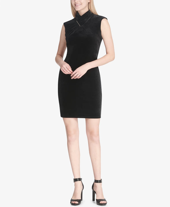 Calvin Klein Women's Mock Neck Velvet Sheath Dress Black Size Medium