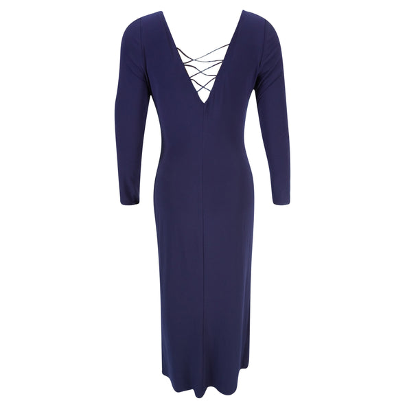 Ralph Lauren Women's Long Sleeve Double V Neck Stretch Ball Gown Navy Blue 12