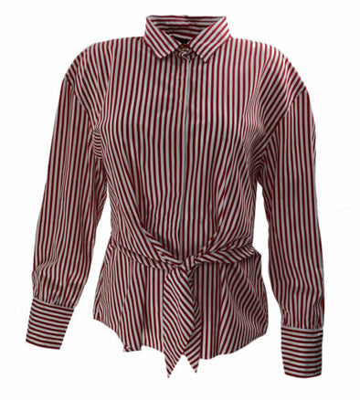 Lauren Ralph Lauren Women's Striped Button Front Tie Shirt Red White Size XXL