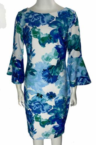 Calvin Klein Women's Floral Printed Bell Sleeve Dress Blue Multi