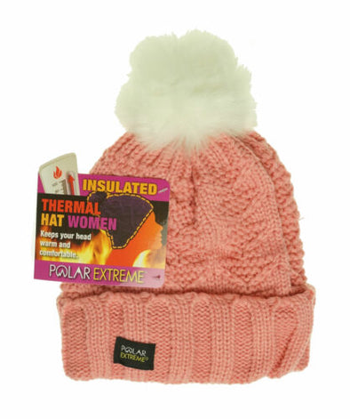 Polar Extreme Women's Thermal Fleece Lined Insulated Pom Pom Cuffed Beanie Pink