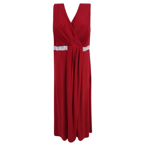 Morgan & Co Women's Pleat Detail Embellished Sleeveless V Neck Gown Red Size 18W