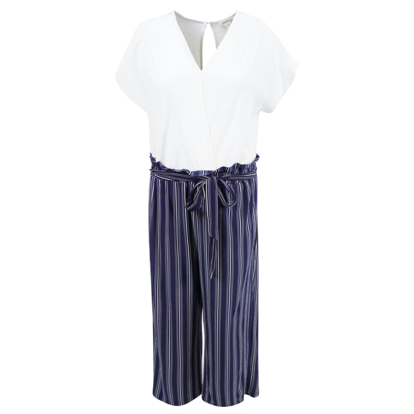 Monteau Women's Plus Size Solid & Striped Short Sleeve Jumpsuit White Blue 3X