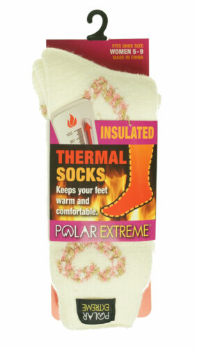 Polar Extreme Women's Thermal Insulated Lined Crew Socks Ivory Pink Hearts