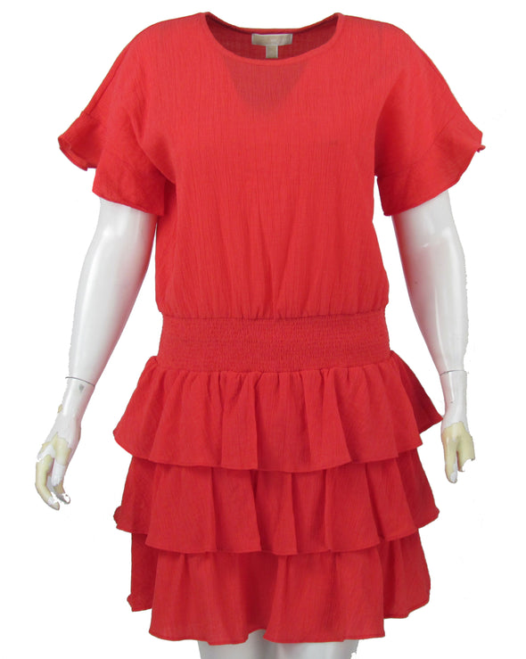 Michael Kors Women's A Line Textured Tiered Knee Length Dress Coral Red Size XL