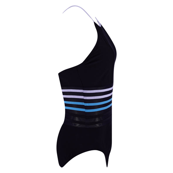 Nautica Women's One Piece Mesh Swimsuit Black White Blue Size Large