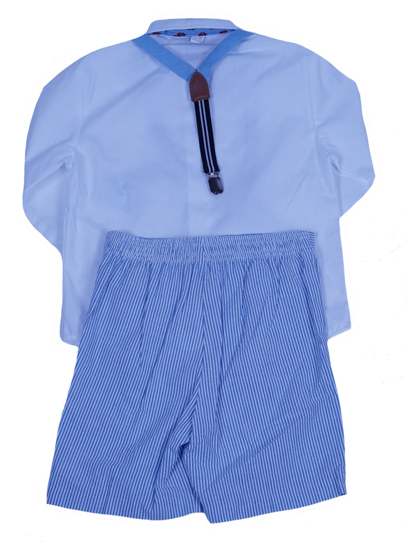 Nautica Boys 4 Piece Shirt Shorts Suspenders & Crab Bowtie Set Blue White Size 5