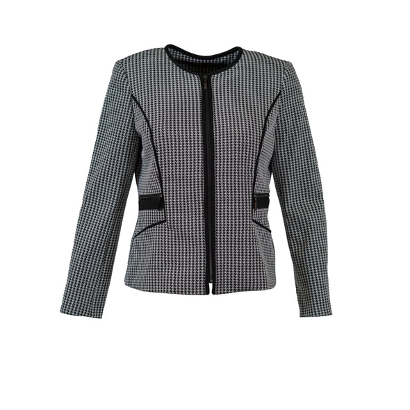 Kasper Women's Houndstooth Knit Full Zip Blazer Jacket Black White Size 10