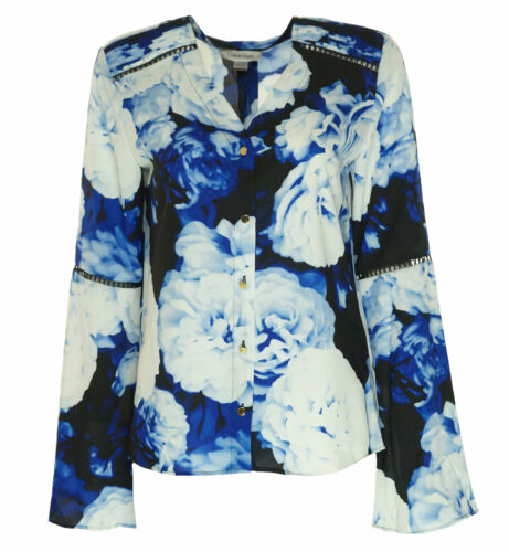 Calvin Klein Women's Floral Print Bell Sleeve Button Front Blouse Blue Size XS