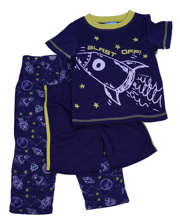 Bunz Kids Toddler Boy's 3 Piece Glow in the Dark Sleep Shirt Pants Shorts Navy