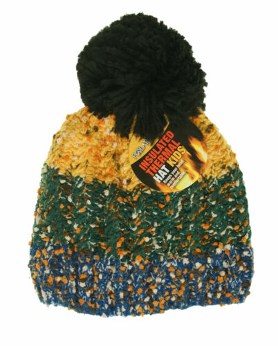 Polar Extreme Kids Thermal Insulated Pom Pom Colorblock Beanie Yellow Blue Green