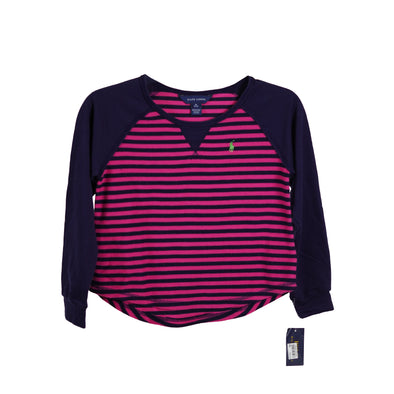 Ralph Lauren Girls Crew Neck Stripe Long Sleeve Shirt Navy Blue Pink Size Medium