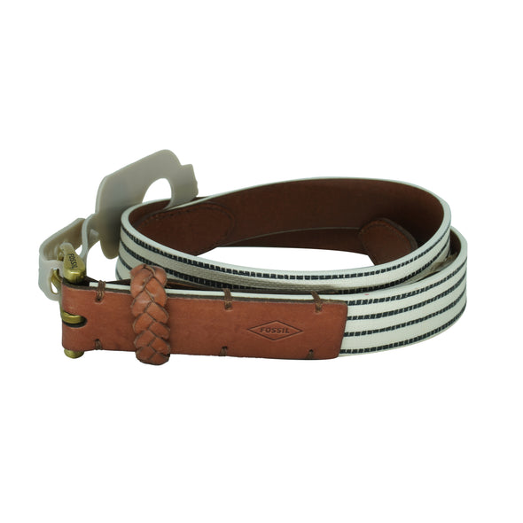 Fossil Women's Stripe Printed Partial Leather Belt White Black