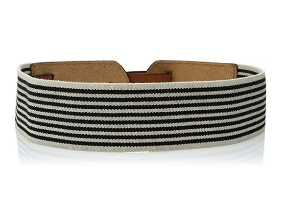 Fossil Women's Leather Webbing Elastic Waist Belt Black Stripe Medium/Large
