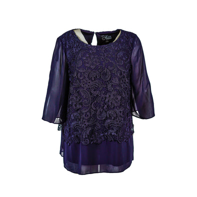 Alex Evenings Women's Lace Overlay Sheer Chiffon Blouse Navy Blue Size 1X