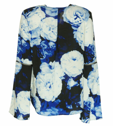 Calvin Klein Women's Floral Print Bell Sleeve Button Front Blouse Blue Size XS