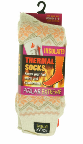 Polar Extreme Women's Thermal Insulated Lined Crew Socks Ivory Orange Fairisle