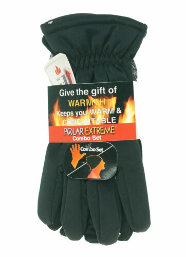 Polar Extreme Men's Heat Stretch Glove and Pull Hat Set Black White Marl