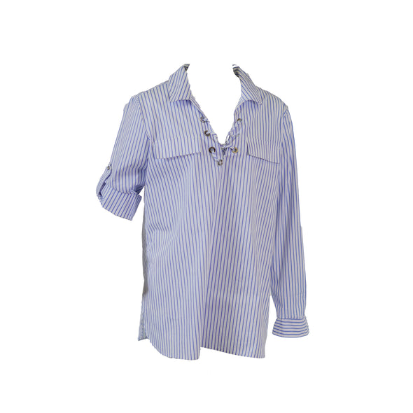 Calvin Klein Women's Cotton Lace Up Pin Stripe Shirt White Blue Size Medium