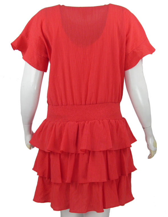 Michael Kors Women's A Line Textured Tiered Knee Length Dress Coral Red Size XL