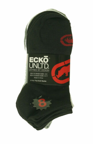 Ecko Unltd Boy's 8 Pair Pack Flat Knit No Show Socks Black White Gray Sock 9-11
