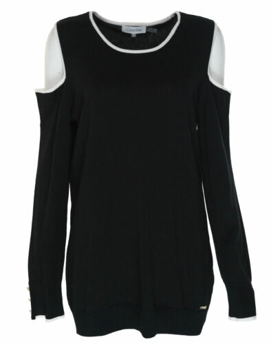 Calvin Klein Women's Cold Shoulder Long Sleeve Sweater Black White Size Medium