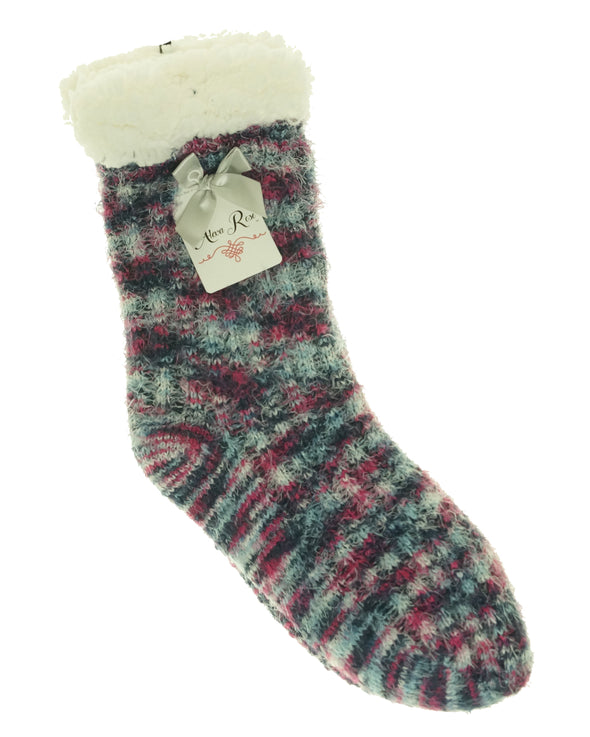 Alexa Rose Women's Sherpa Lined Soft Knit Gripper Bootie Socks Blue Pink