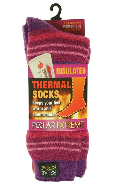 Polar Extreme Women's Thermal Insulated Lined Striped Crew Socks Purple Magenta
