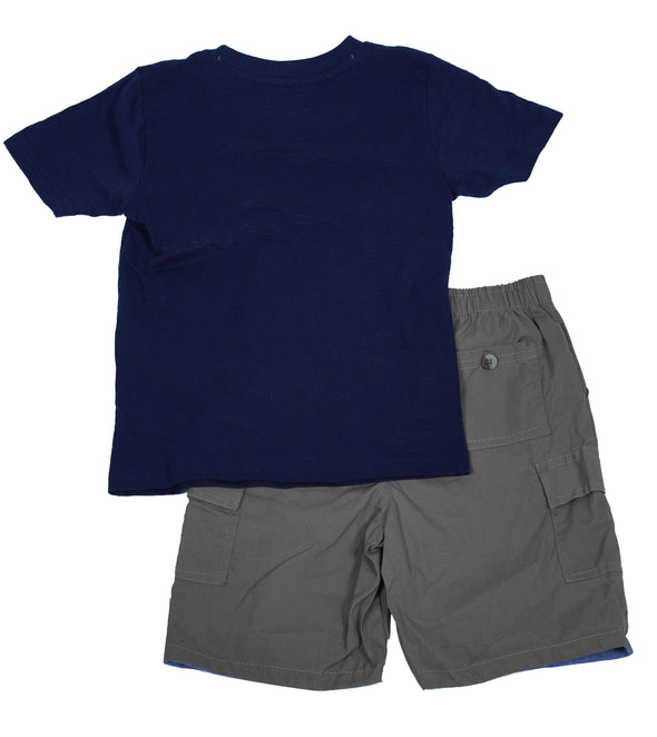 Penguin Boy's 2 Piece T Shirt Elastic Waist Short Set Navy Brown Size 5