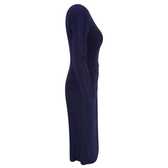 Ralph Lauren Women's Long Sleeve Double V Neck Stretch Ball Gown Navy Blue 12