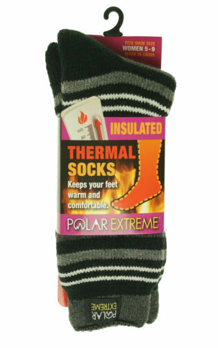 Polar Extreme Women's Thermal Insulated Lined Striped Crew Socks Black Gray