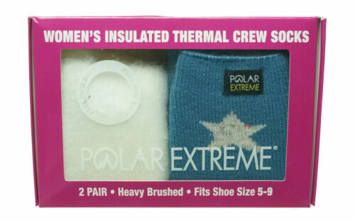 Polar Extreme Womens 2 Pair Thermal Insulated Fleece Crew Socks Ivory Blue Stars