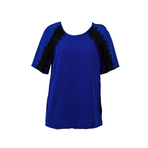 Calvin Klein Women's Shoulder Lace Inset Short Sleeve Chiffon Top Blue Small