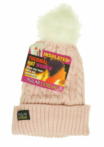 Polar Extreme Women's Thermal Lined Insulated Pom Pom Cable Knit Beanie Pink
