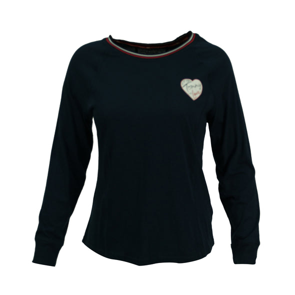Tommy Hilfiger Women's Sport Heart Logo Striped Trim Shirt Navy Blue Size XL