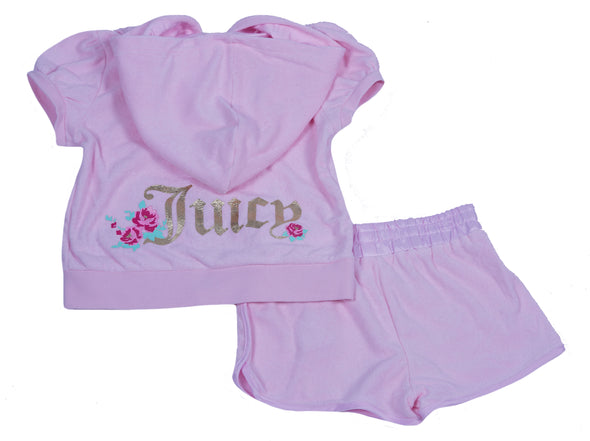 Juicy Couture Girl's 2 Piece Short Sleeve Jacket Short Terry Fabric Set Pink 5